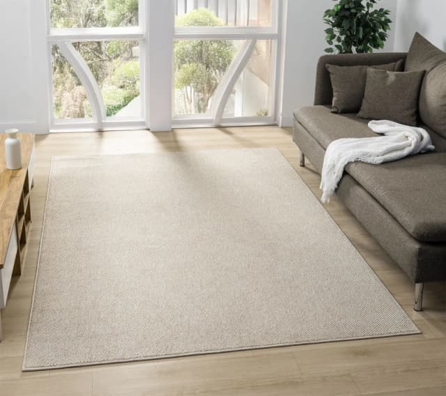 Avior Washable Plain Living Room Area Rug - Loop Pile Pebble Design Beige 200Cm X 290Cm