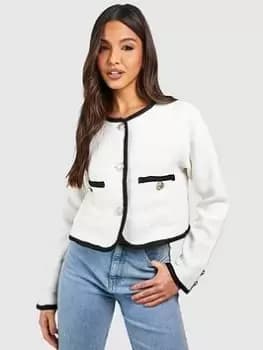 Boohoo Boucle Contrast Detail Jacket - Cream, Size 10, Women
