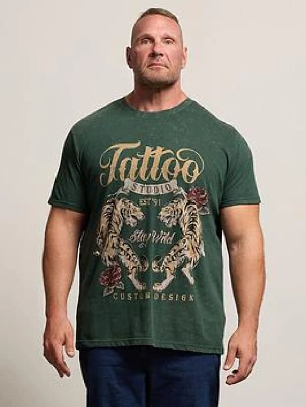BadRhino BadRhino Men Tattoo Tiger Graphic T-Shirt in Green Size: 4X-Large Green 4XL Male 5063589410399