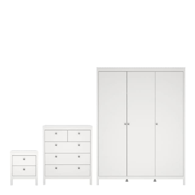 Furniture To Go Madrid 3 Piece Bundle, Bedside, Chest & 3 Door Wardrobe in White White Unisex