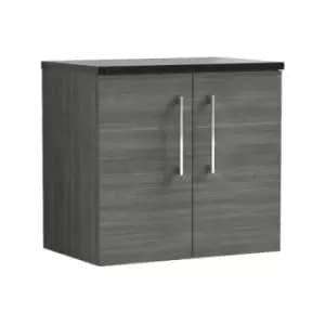 Arno Anthracite 600mm Wall Hung 2 Door Vanity Unit with Sparkling Black Laminate Worktop - ARN523LSB - Anthracite - Nuie