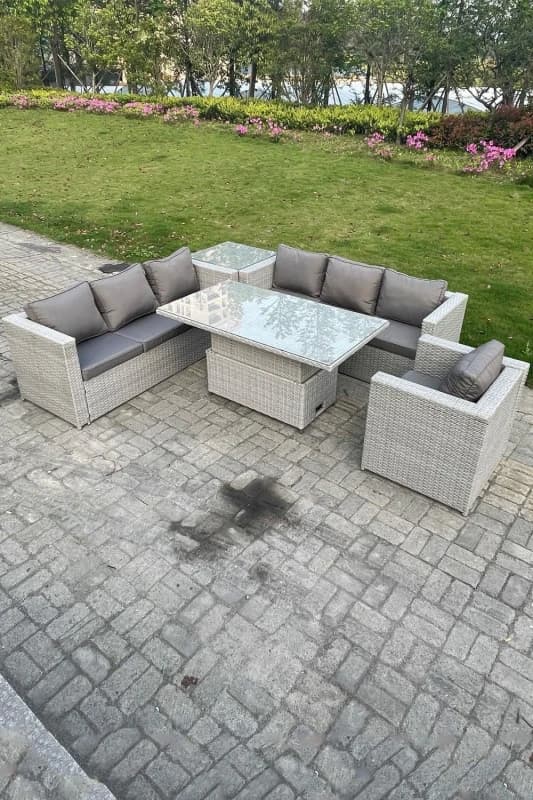 Fimous Fimous Rattan Garden Funiture Set Adjustable Rising Lifting Table Sofa Dining Set Side Table Light Grey