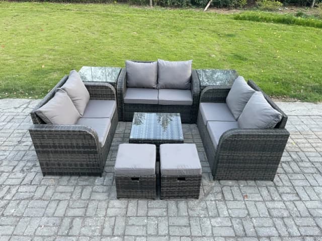 Fimous 8 Seater Outdoor Garden Furniture Sets Wicker Rattan Furniture Sofa Sets with Square Coffee Table Love seat Sofa 2 Small Footstools Side Tables