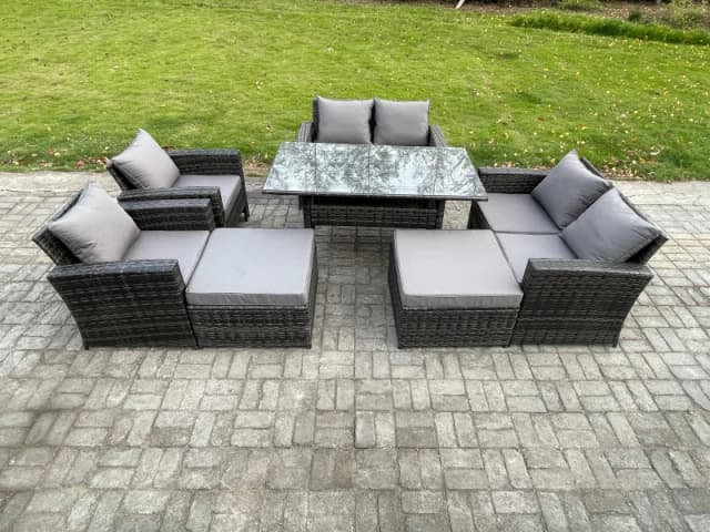 Fimous 8 Seater High Back Outdoor Garden Furniture Rattan Sofa Dining Table Set with Armchair 2 Big Footstool Dark Grey Mixed Dark Grey Unisex
