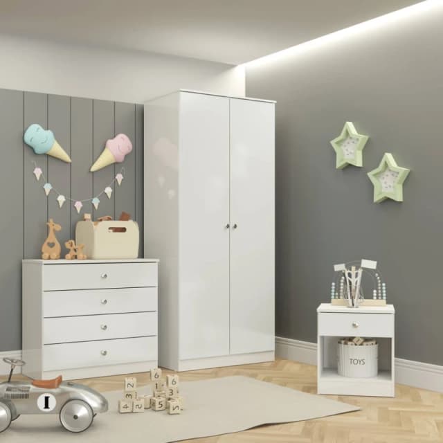 Seconique Denver Trio, Wardrobe, Bedside And Chest Of Drawers - White Gloss.