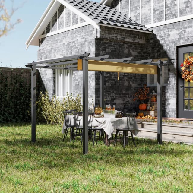 Outsunny 3 x 3(m) Aluminium Pergola with Retractable Roof, Garden Gazebo Khaki