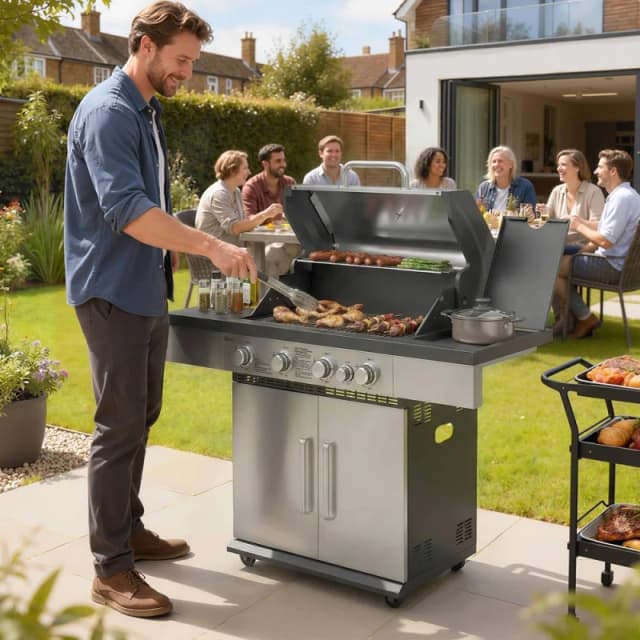 OUTSUNNY 4+1 Burner Gas BBQ Grill, Portable Gas Barbecue Grill in Silver Silver Unisex