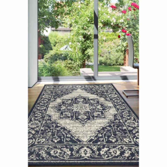 Melrose County Sisal Inspired Traditional Medallion Medium Navy Non-Slip Area Runner Rug 120/160Cm