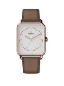 David Daper David Daper White And Rose Gold 38Mm Tank Dial Brown Leather Strap Watch