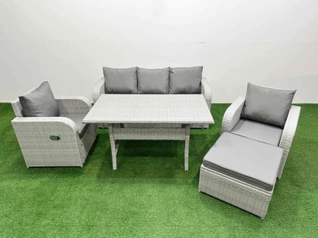 Fimous PE Rattan Garden Furniture Set Reclining Chair Sofa Lounge Sofa Set Rectangular Dining Table Big Footstool Light Grey Light Grey