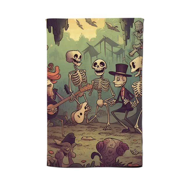 Warren Reed - Designer Cartoonish Skeletons Having A Party Tea Towel in Blue Blue Unisex