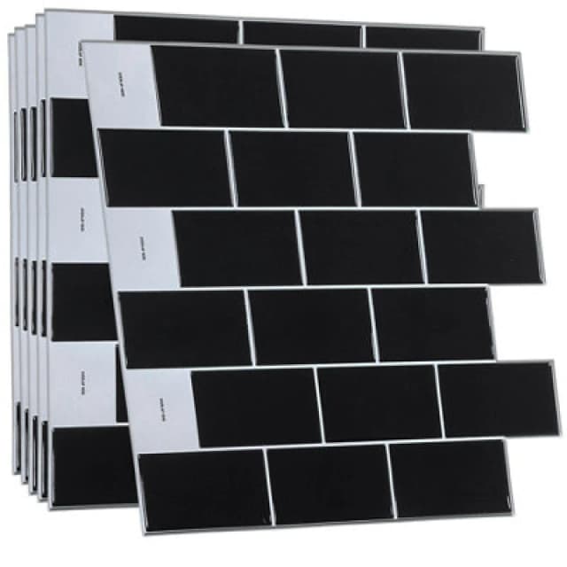 Walplus 6Pcs London Metro Brick Black Glossy 3D Tile Sticker30.5 X 30.5Cm - Adhesive Stick On Tiles For Backsplash Kitchen