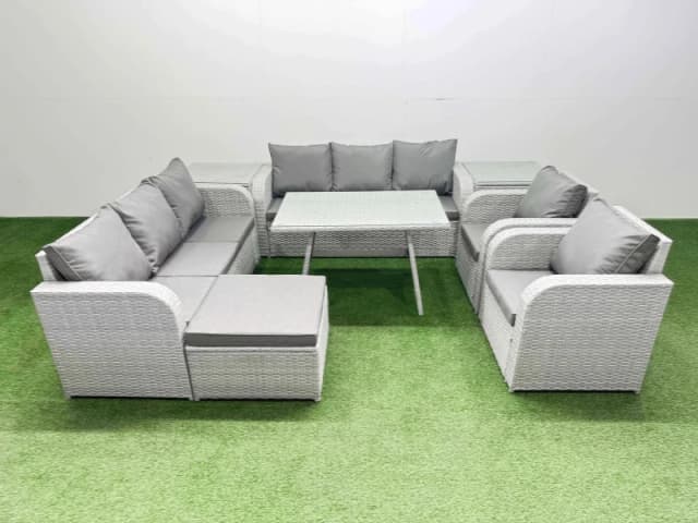 Fimous Rattan High Back Lounge Sofa Set Patio Dining Table & Chairs Set With 2 Side Tables Big Stool Light Grey