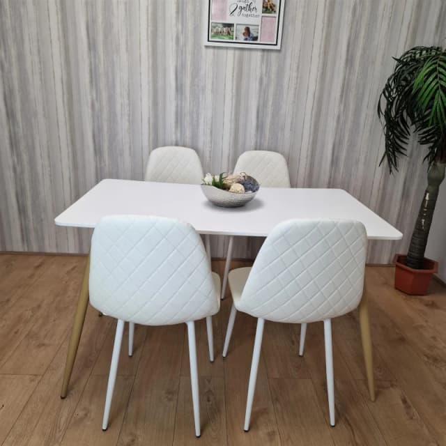 KOSY KOALA Wooden Dining Table with 4 White Gem Patterned Chairs White Table with White Chairs White
