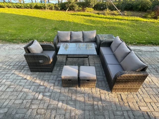 Fimous Outdoor Lounge Sofa Set Wicker PE Rattan Garden Furniture Set with Rectangular Dining Table Reclining Chair Side Table 2 Small Footstools Dark