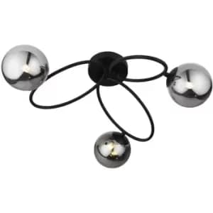 Semi Flush Multi Arm Ceiling Light Fitting - Satin Black & Smoked Mirror Glass