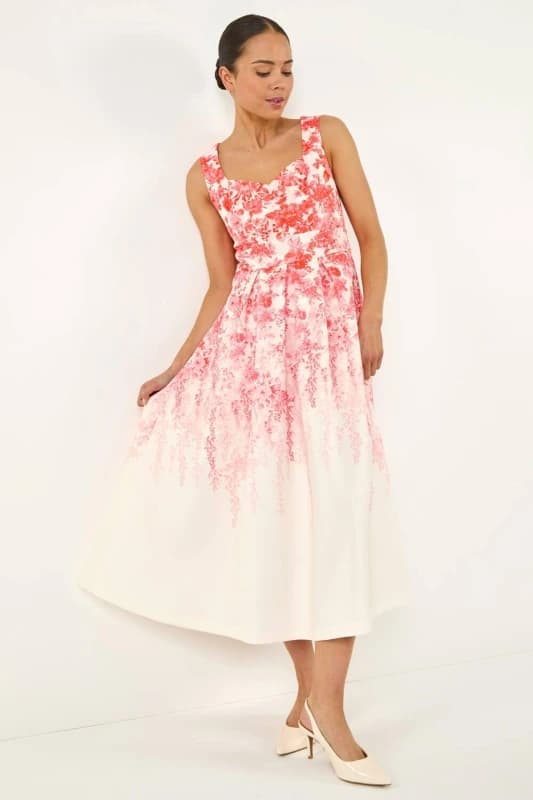 Roman Womens Petite Floral Waist Stretch Midi Dress in Coral Size: 14 Coral Female 14