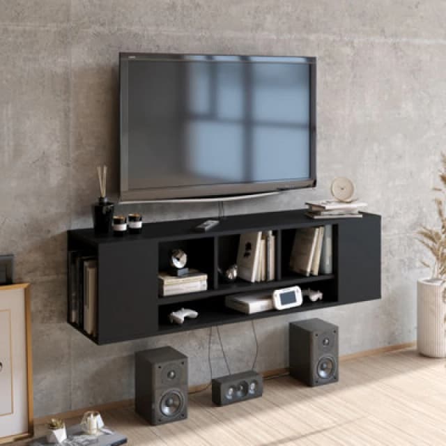 Decorotika Paldi 135cm Floating TV Unit TV Stand TV Cabinet Storage With Open Shelves - Black PAL53FTS03