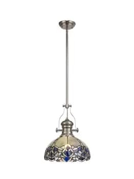 1 Light Telescopic Ceiling Pendant E27 With 30cm Tiffany Shade, Polished Nickel, Blue, Clear Crystal