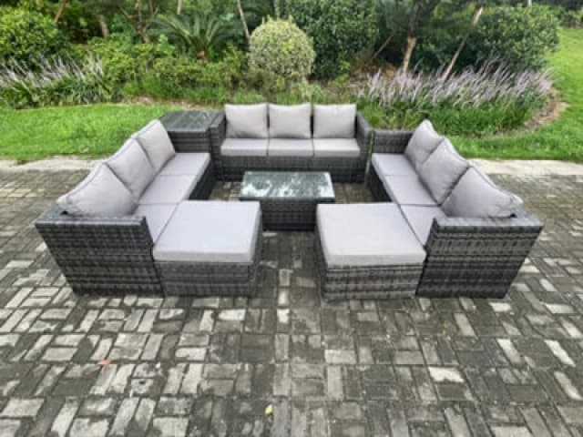 Fimous Outdoor Lounge Sofa Set Wicker PE Rattan Garden Furniture Set with Oblong Coffee Table Side Table 2 Big Footstool Dark Grey Mixed Dark Grey