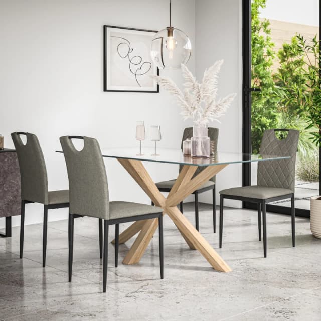 More4Homes Etta Glass Dining Table And Chairs - Glass Top W Solid Oak Legs + Monza Fabric Dining Chair Set Of 4 (Grey)