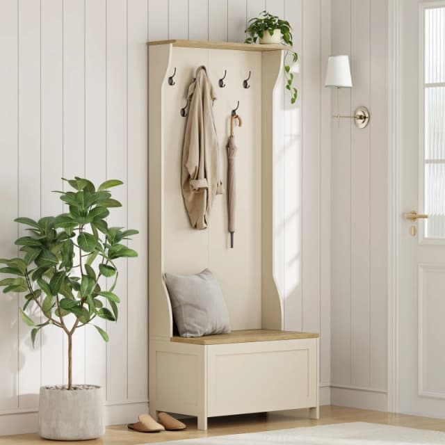 Vonhaus Coat Stand With Shoe Storage, Cream Hallway Unit With 7 Double Hooks & Storage Bench, Hall Tree For Entryway, Ash Hall