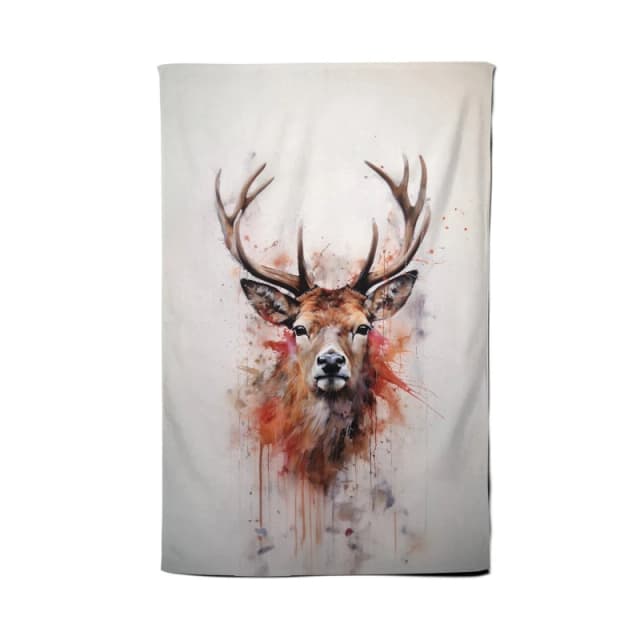 Warren Reed - Designer Watercolour Splashart Stag Face Tea Towel in Brown Brown Unisex