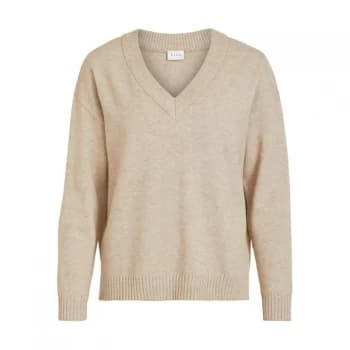 Vila Oversized V Knit Jumper - Natural Melange