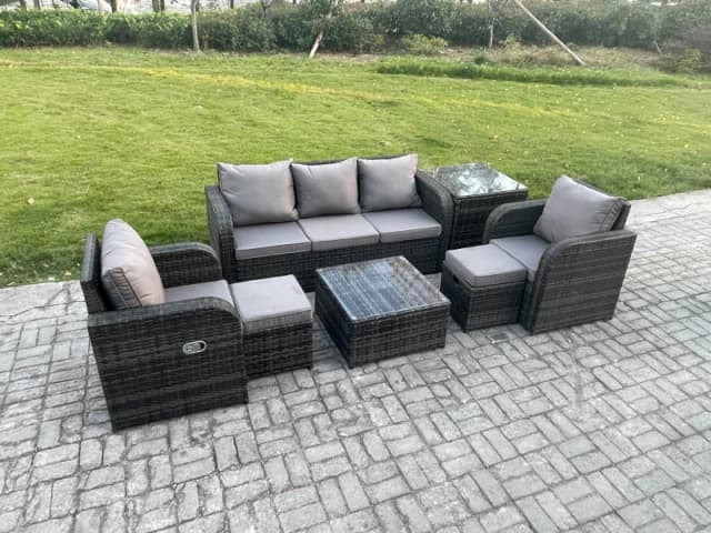 Fimous Garden Furniture Sets 7 Seater Wicker Rattan Furniture Patio Sofa Sets with Reclining Chair 3 Seater Sofa Side Table Dark Grey