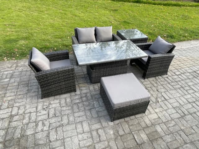 Fimous Outdoor Garden Dining Sets 5 Seater Rattan Patio Furniture Sofa Set with Rising Lifting Table Side Table in Dark Grey Dark Grey Unisex