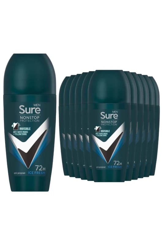 Sure Men 'Antiperspirant Roll On' 72H Nonstop Protection Ice Fresh, 12x50ml White male