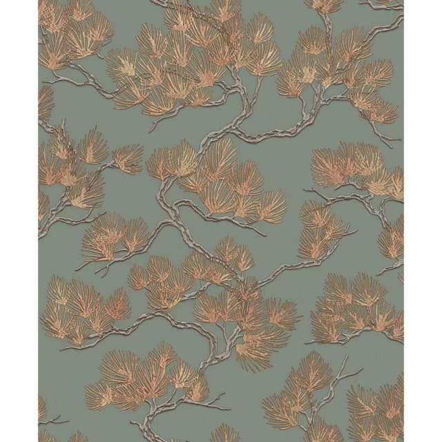 DUTCH WALLCOVERINGS Sage Copper Pine Tree Wallpaper Textured Embossed Metallic Paste The Wall Vinyl 8809660036570