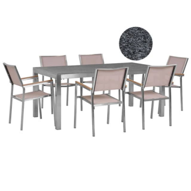 Beliani Garden Dining Set 6 Seater Grosseto Granite Polished Grey/ Beige