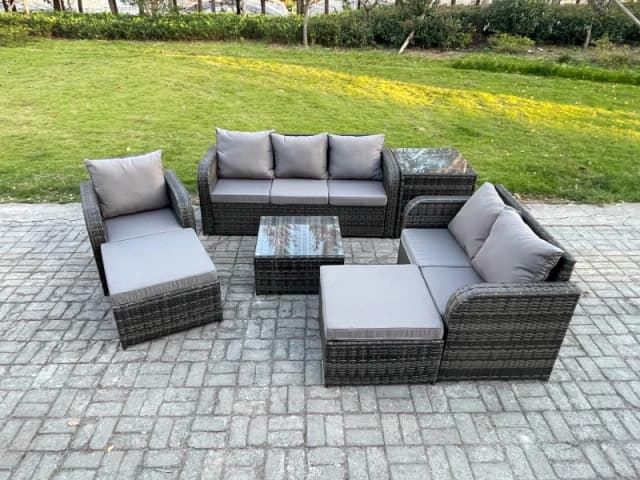 Fimous Indoor Outdoor Rattan Garden Furniture 8 Seater Set Table Sofa Chair Patio Conservatory with Grey Cushions 2 Big Footstool Dark Grey