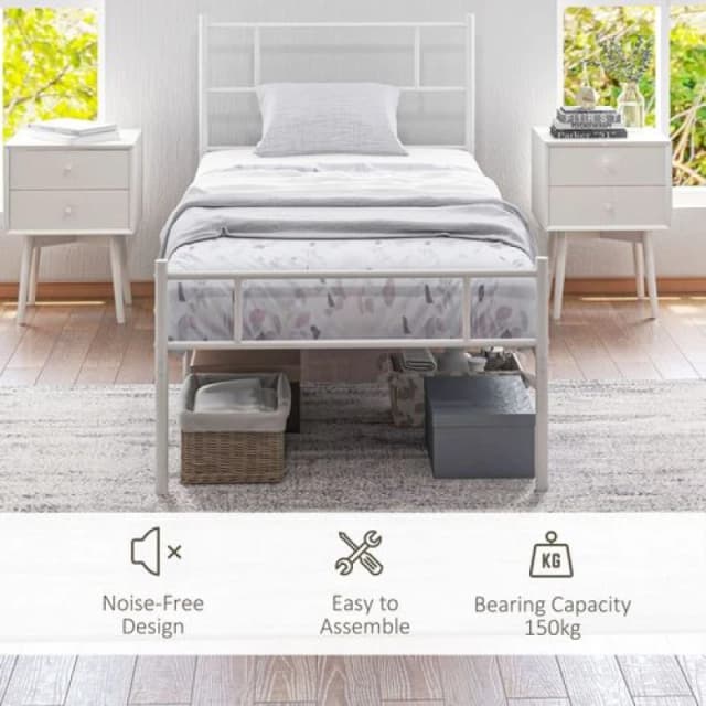 HOMCOM Single Metal Bed Frame W/ Headboard And Footboard, Underbed Storage Space, White 831-411V00WT