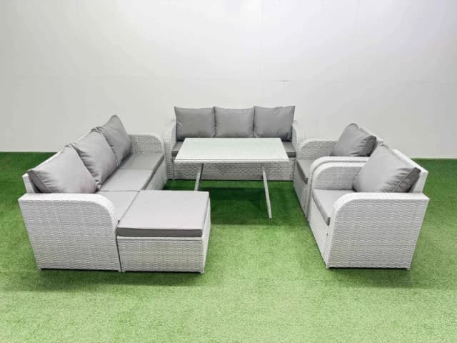 Fimous Rattan High Back Lounge Sofa Set with Reclining Chairs Big Stool in Light Grey Light Grey Unisex