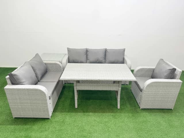 Fimous Patio PE Wicker 6 Seater Outdoor Rattan Furniture Sofa Sets with Rectangular Dining Table Reclining Chair Loveseat Sofa 3 Seater Sofa Side Tabl