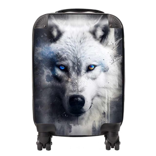 Warren Reed - Designer White Wolf Face Splashart Dark Background Suitcase Size: Large White Unisex Large