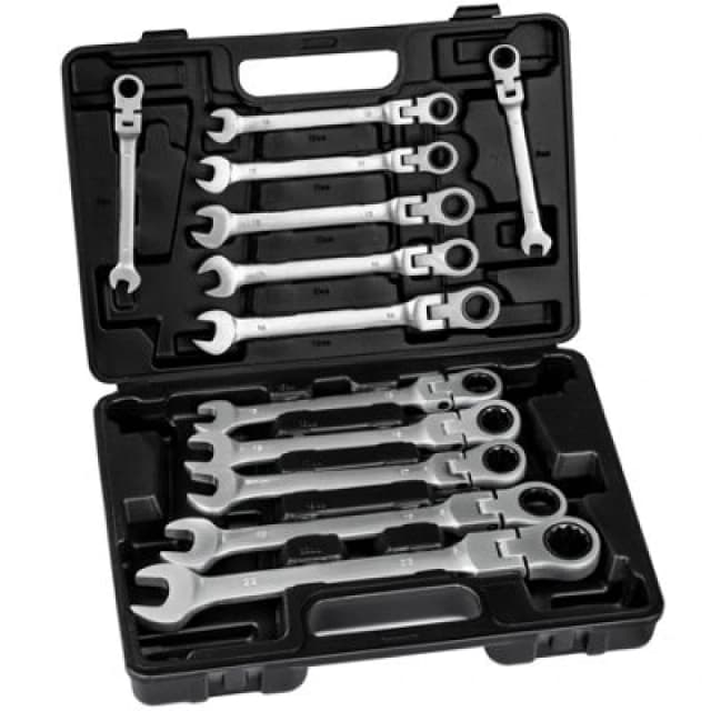 Tectake Spanner Set - 12 Piece, Combination Spanner With Flexible Ratchet Joint Heads - Black