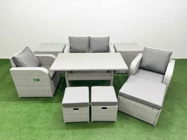 Fimous Light Grey PE Wicker Rattan Garden Furniture Set Sofa Set Reclining Chair Rectangular Dining Table 7 Seater 3 Stools 2 Side Table Light Grey