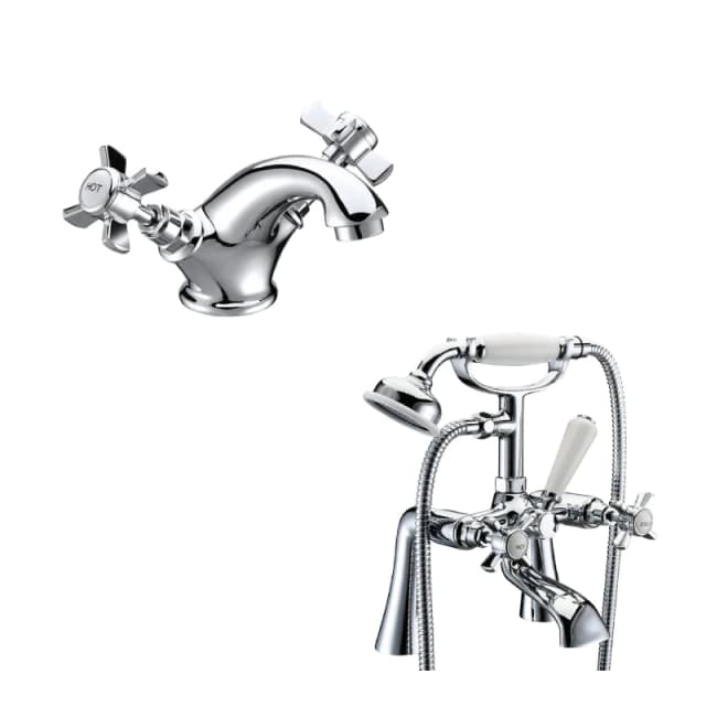 Balterley Classic Crosshead Mono Basin Mixer Tap & Bath Shower Mixer Tap Kit in Silver Silver Unisex