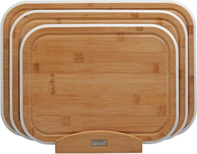 Cooks Professional 3 Piece Bamboo Chopping Board Set With Storage Stand - Wooden Cutting Boards - White Edging