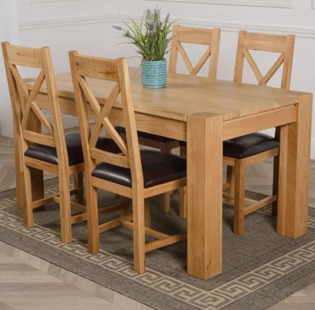 Thats Furniture Kuba 150x85cm Chunky Medium Oak Dining Table & 4 Berkeley Leather Chairs in Brown Brown Unisex 150x85 cm
