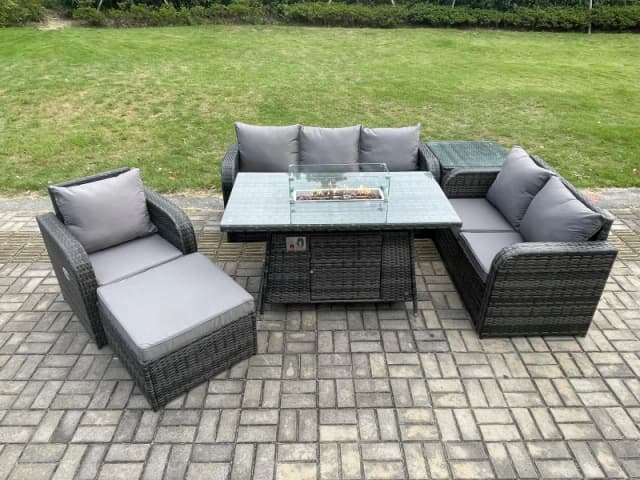 Fimous Garden Patio Furniture Wicker Rattan Gas Fire Pit Table and Sofa Chair set with Side Table Big Footstool Dark Grey