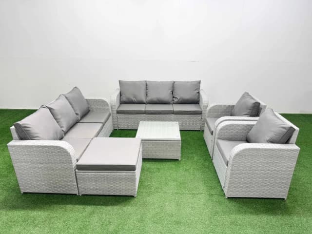 Fimous PE Rattan High Back Lounge Sofa Set Patio Square Coffee Table & Chairs Set with 3 Seater Sofa Reclining Chair Big Footstool Light Grey Light Gr
