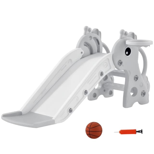 AIYAPLAY 3 in 1 Kids Slide with Climber, Basketball Hoop and Ball, Grey 331-085V00GY
