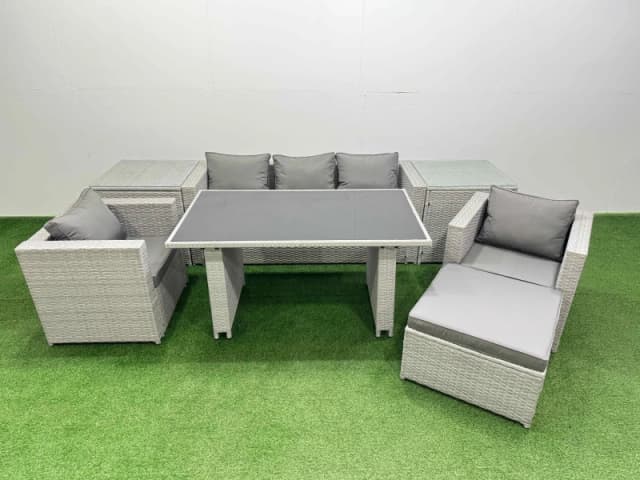 Fimous Patio Garden Furniture Sets with Dining Table 2 Side Tables Big Stool in Light Grey Light Grey Unisex