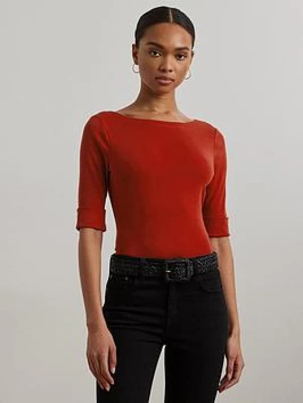 Lauren Ralph Lauren Boat Neck T-Shirt with Short Sleeves Red Women XS