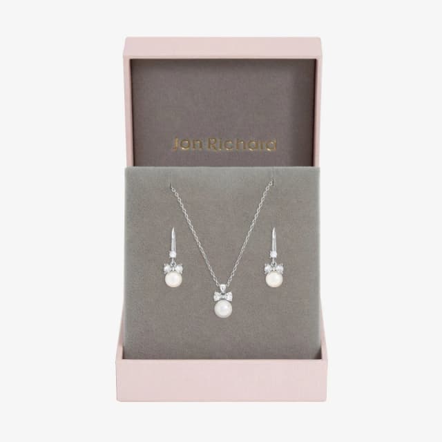 Jon Richard Rhodium Plated Bow and Pearl Drop Set - Gift Box Silver female One Size