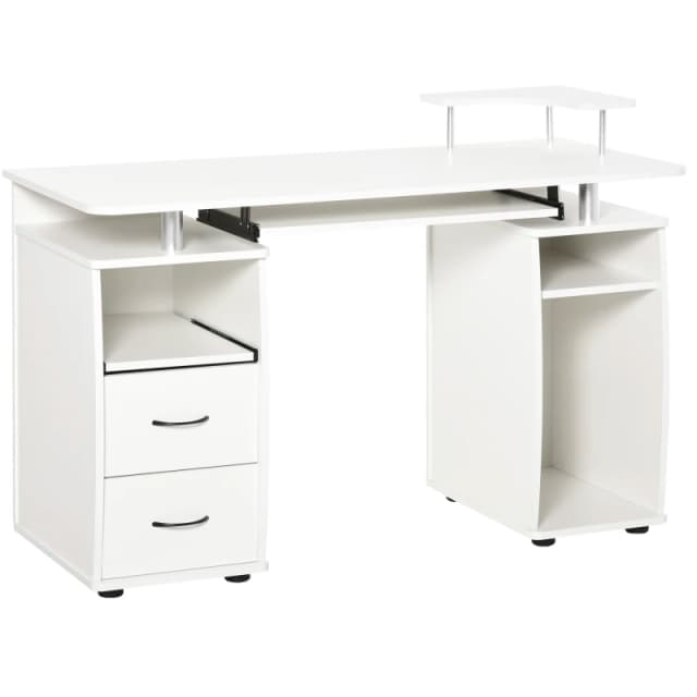 HOMCOM Computer Desk Office PC Table Workstation with Keyboard Tray, CPU Shelf, Drawers, Sliding Scanner Shelf, White Aosom UK